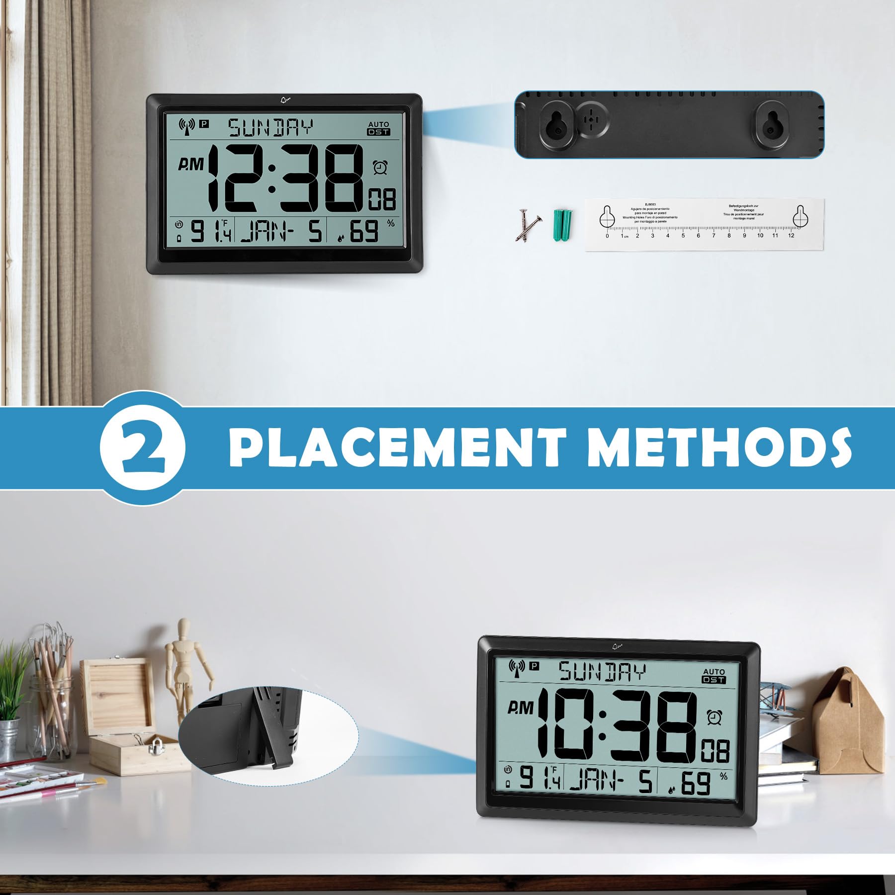 SZELAM Atomic Clock,10.5"Large Display Digital Wall Clock Battery Operated Digital Calendar Auto Setting Desk Clocks With Indoor Temperature Humidity Date Day Auto Dst For Elderly I.1699784855 - View #5