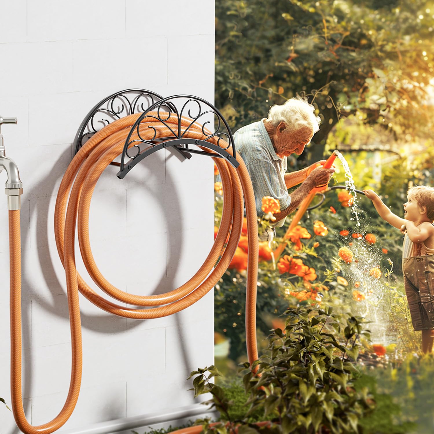 Josmimic Soporte de Metal para Manguera de Jardín - Colgador Montado en la Pared, Resistente para Cables de Extensión de Agua y Manguera de Vacío