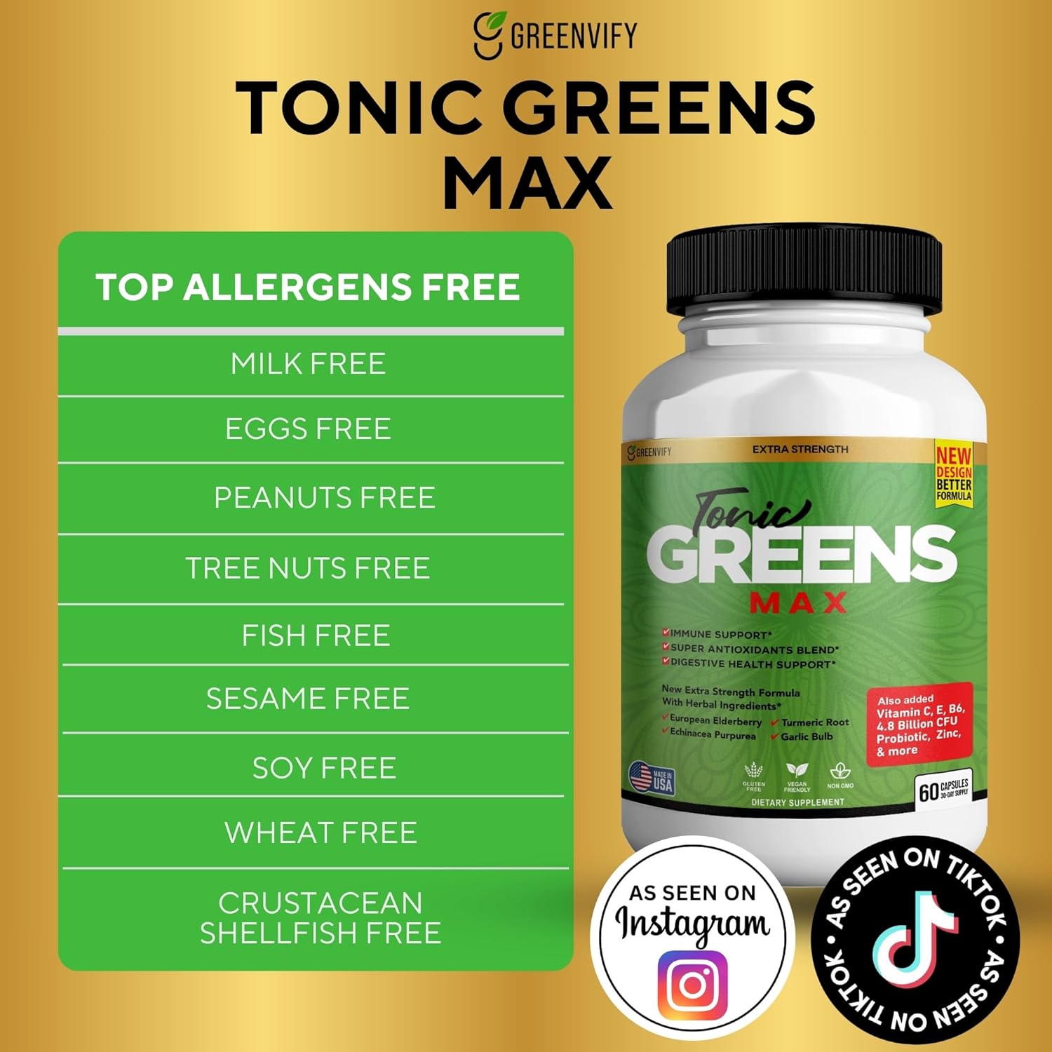 Tonic Greens Max, Extra Strength Immune Support Supplement, 60 Capsules, with Elderberry, Turmeric, Probiotics (1)