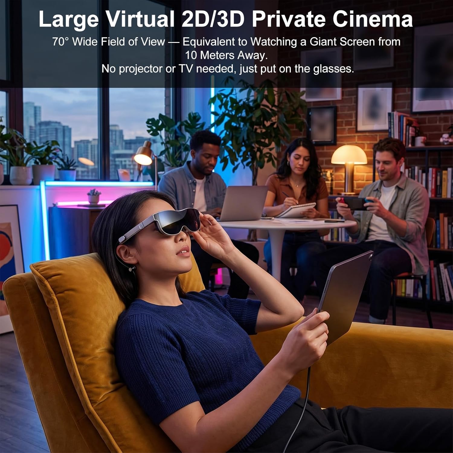 Smart Video Glasses, 1.8 Inch 1920x1080 HD Screen with Adjustable Diopter +2D to 6D, 70 FOV, Type C DP USB for Multimedia Entertainment
