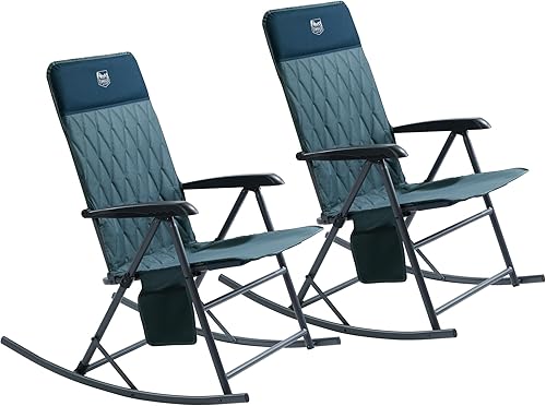 Timber Ridge 3-Level Adjustable Rocking Camping Chair, Padded High Back Outdoor Rocking Chair with Side Pocket, Portable Folding Rocker for Adults,