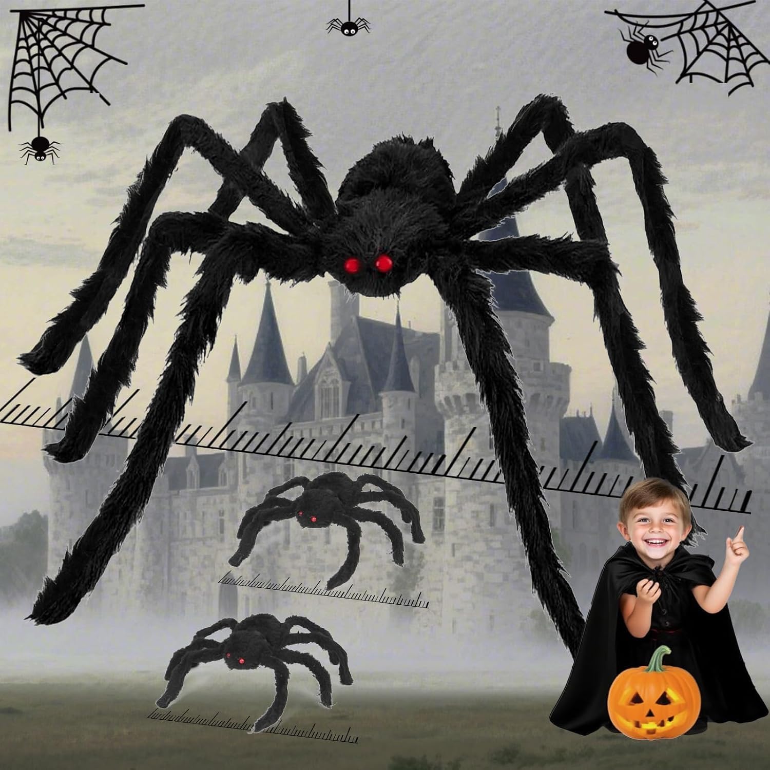 Giant Spider 6.6 Ft + 0.98 Ft*2, Halloween Decorations 78" Fake Halloween Decor Spiders Large, Furry Spiders for Outdoor Indoor Yard Home Costumes Party House Décor, 3 Packs