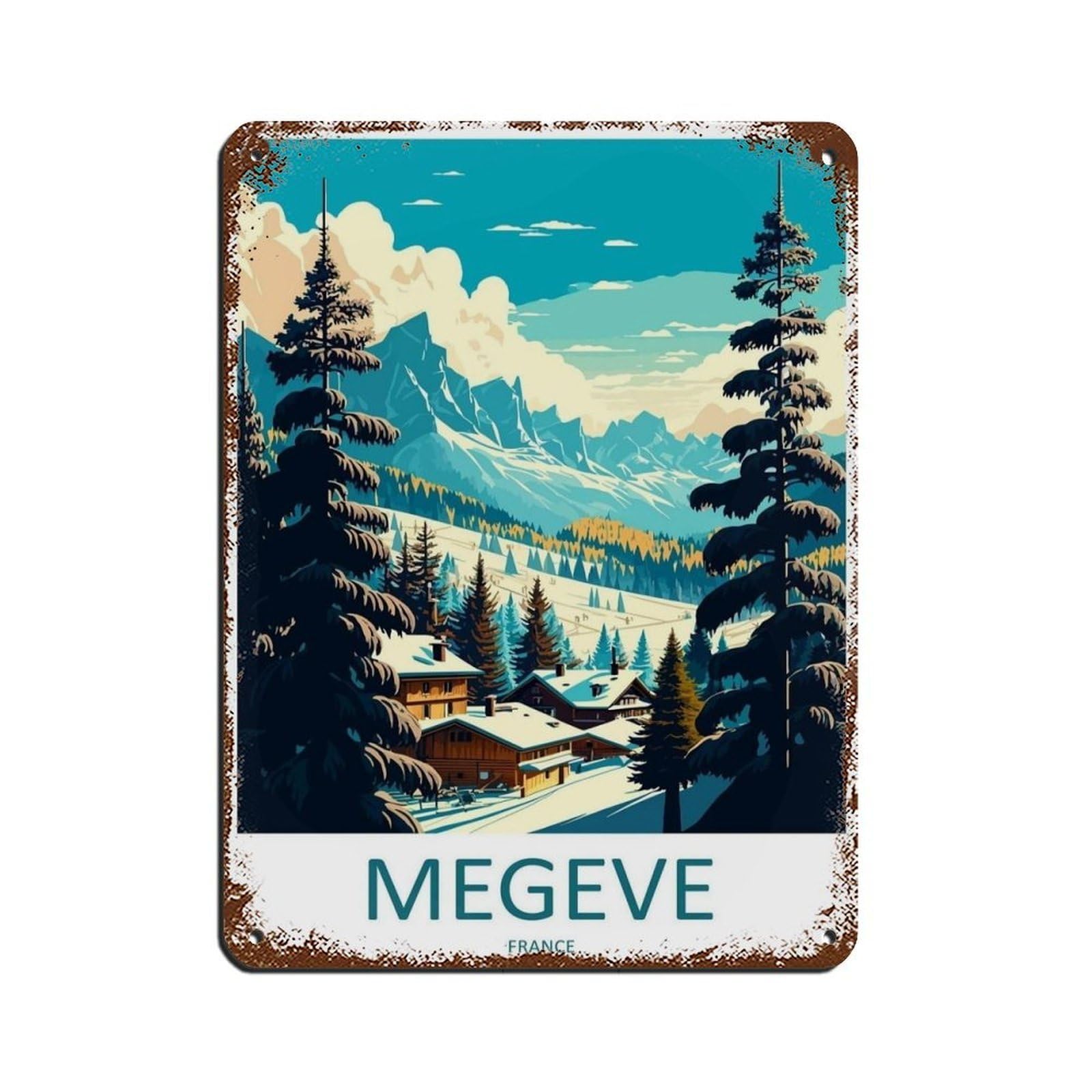 Megeve Travel Art Ski Art Lover Gift (86) Tin Sign Vintage Metal Pub Club Cafe Bar Home Wall Art Decoration Poster Retro 12x16inch(30x40cm)