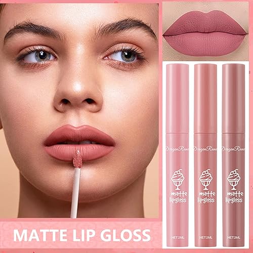 Miniatura 3 de Juego de 3 pintalabios mate color nude, de larga duración, impermeables, antiadherentes, brillo labial, lápiz labial mate para mujeres