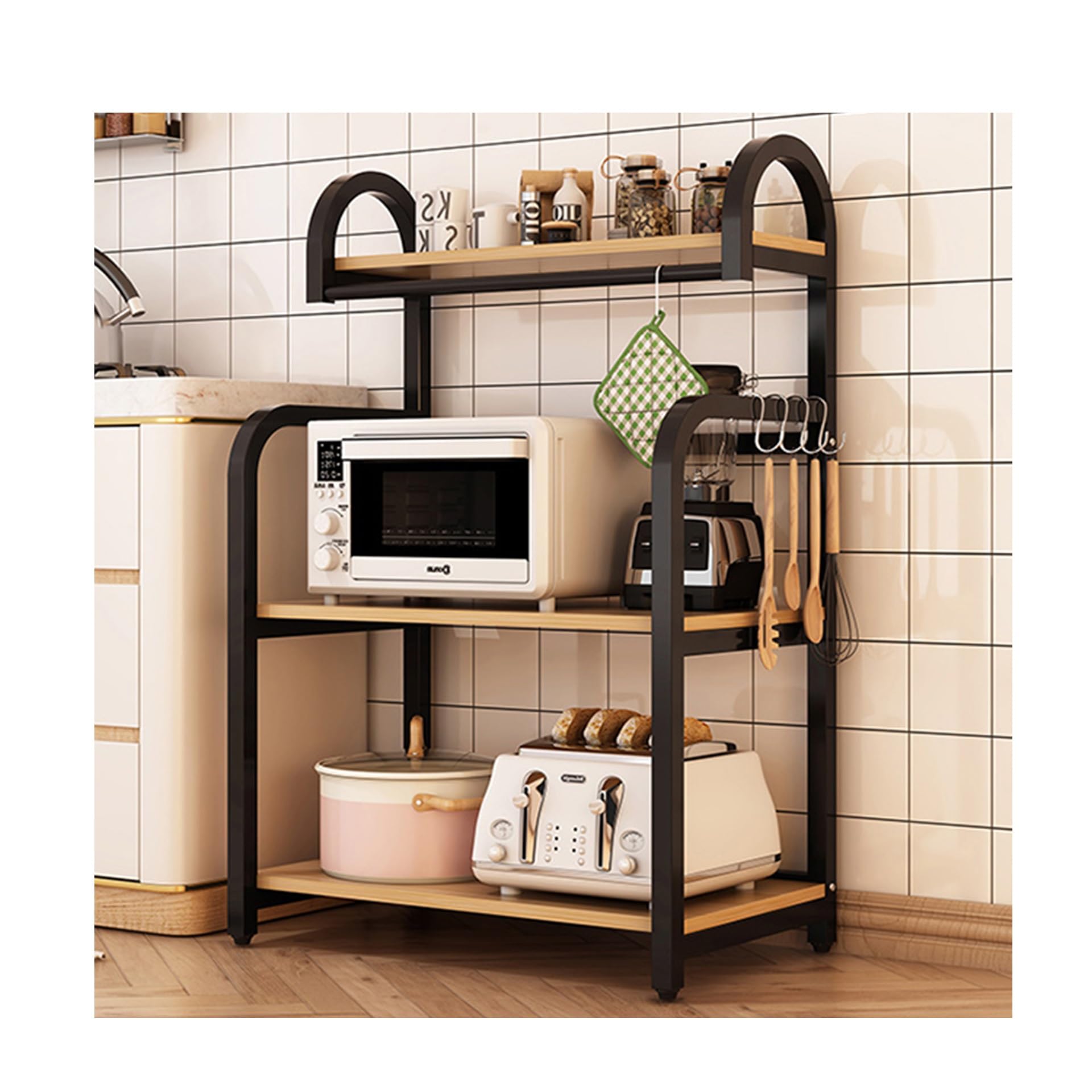 Kitchen Storage Shelf， Heavy Duty Freestanding Kitchen Countertop Organizer, Open Microwave Oven Storage Rack with Foot Mat for Restaurant(Black,60x40x100cm)