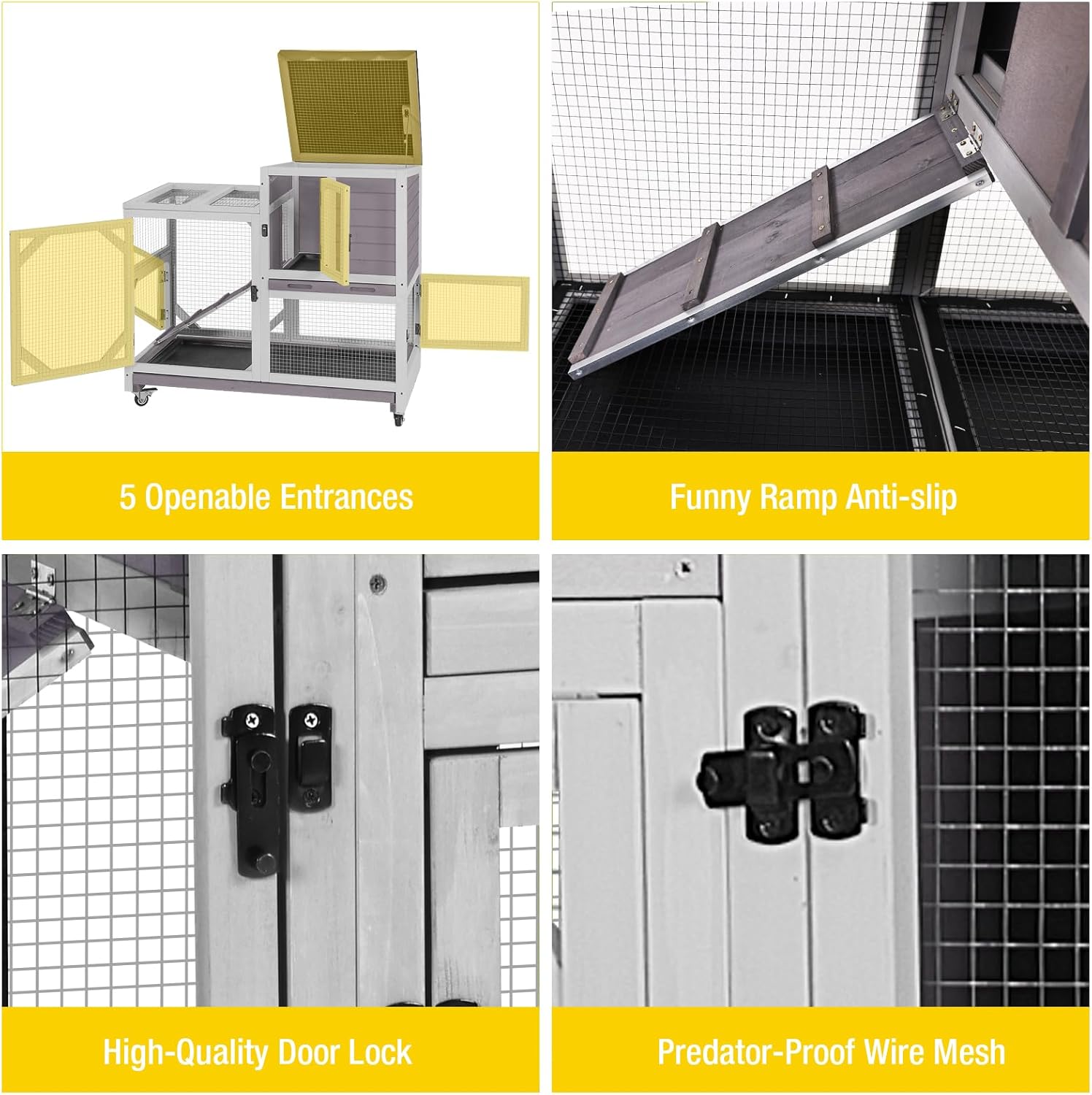 Aivituvin Rabbit Hutch Indoor Bunny Cage Outdoor 2-Story Guinea Pig House with Chew-Proof Ramp, Leak-Proof Tray, Lockable Wheels for Rabbits, Guinea Pigs, Small Animals (Grey)