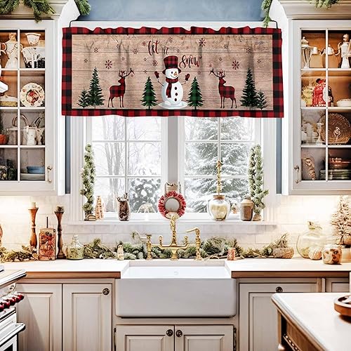 Miniatura 2 de Cenefa de cortina de cocina con diseño de muñeco de nieve de Navidad, cenefa de ventana con bolsillo para barra, 1 panel de cenefas para sala de