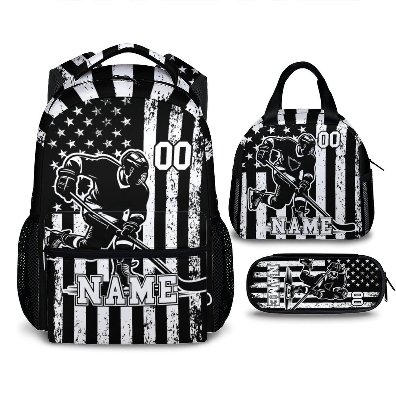 Homexzdiy School Backpacks Set for Boys, Custom Hockey Bookbag with Lunchbag Matching Combo for Students Teens, Personalized Kids Backpacks with