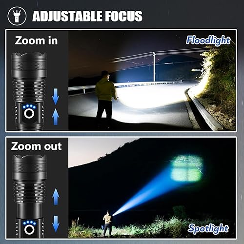 Miniatura 5 de Paquete de 4 linternas recargables de alto lúmenes, linterna súper brillante de 9000000 lúmenes, luz de flash potente ajustable con cable USB, 5