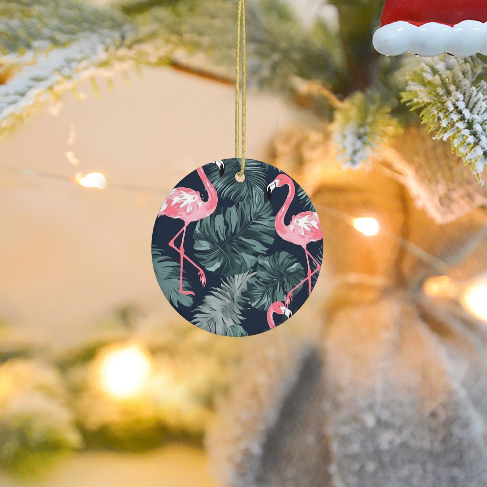 Christmas Tree Ornaments Ceramics Christmas Round Decorations Flamingo and Leaves Ceramics Ornaments Circle Pentagram Xmas Tree Hanging Pendant for Christmas Tree Party Holiday Home Decor