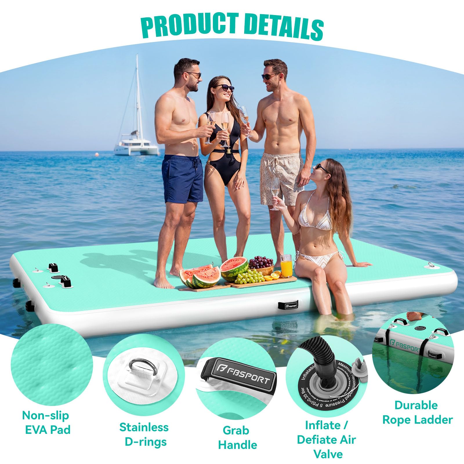 FBSPORT Piattaforma Galleggiante Gonfiabile - Isola d’Acqua per Più Persone, Tappeto Gonfiabile con Superficie Antiscivolo e Borsa, Dock Gonfiabile per Mare, Piscina e Lago