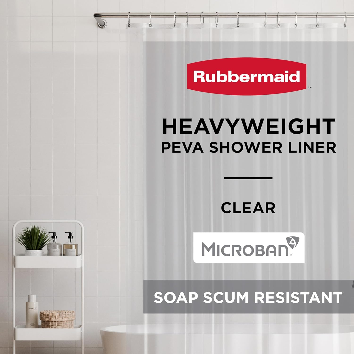 Rubbermaid Heavyweight PEVA Shower Curtain Liner with Magnetic Hem, Waterproof BPA-Free 70x72 Clear