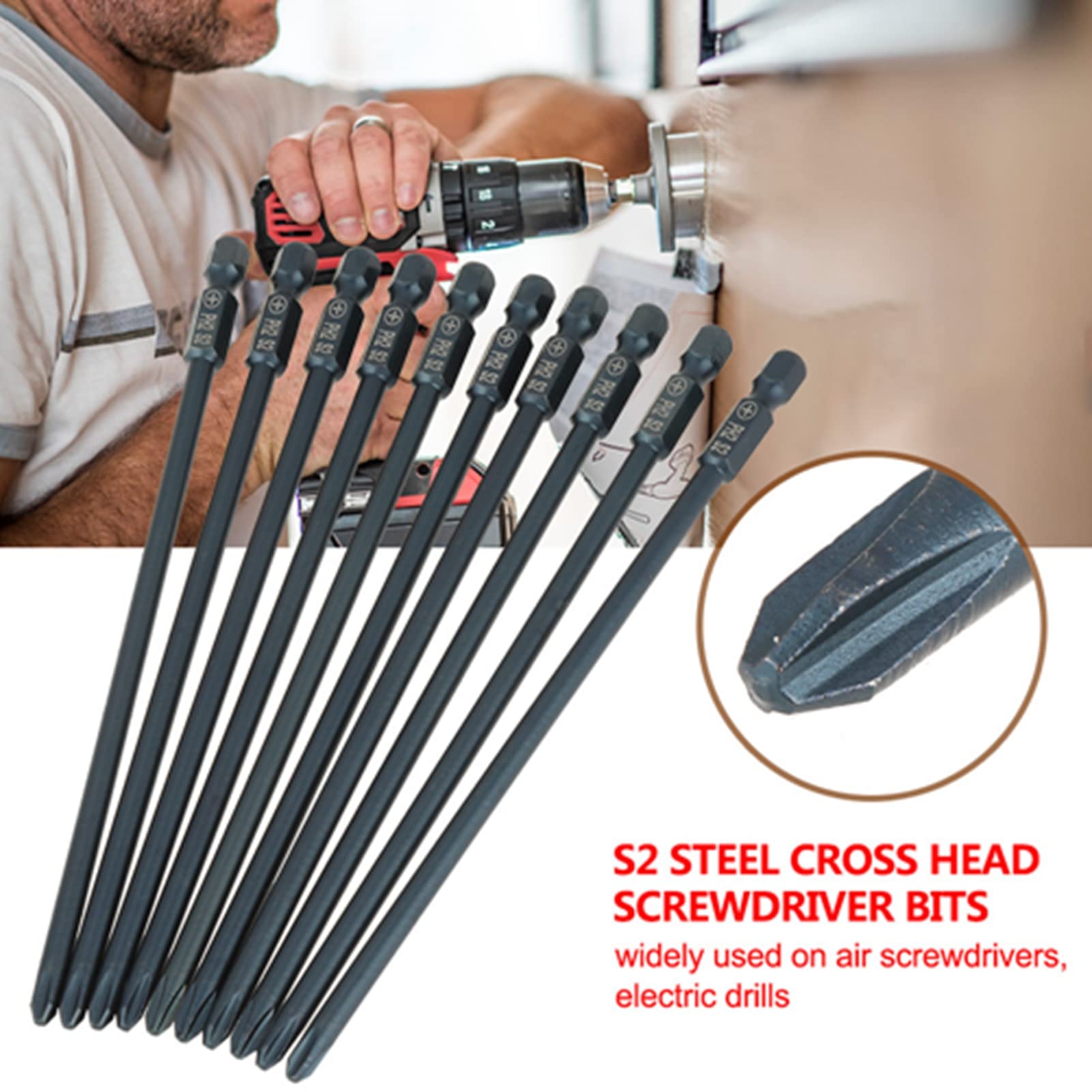 Kit De 10 Embouts De Tournevis à Impact Longs PZ2/PH2 - Acier S2 - Magnétiques - Tige Hexagonale 1/4" - Pour Visseuse/dévisseuse - 6