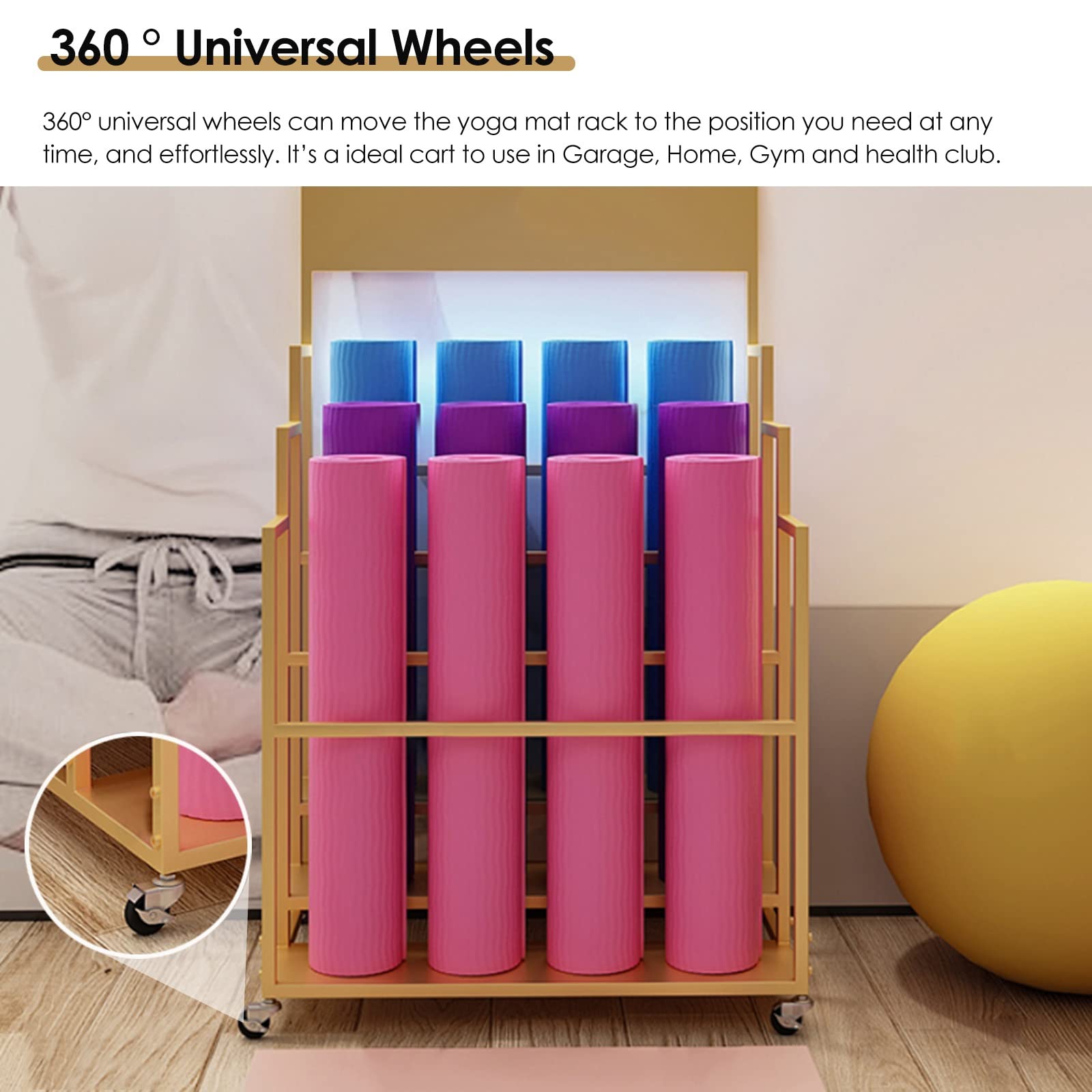 Duży 3-poziomowy stojak do przechowywania sprzętu treningowego mata do jogi organizator ćwiczeń na kółkach w domu lub siłowni wałek piankowy fitness stylowy design w