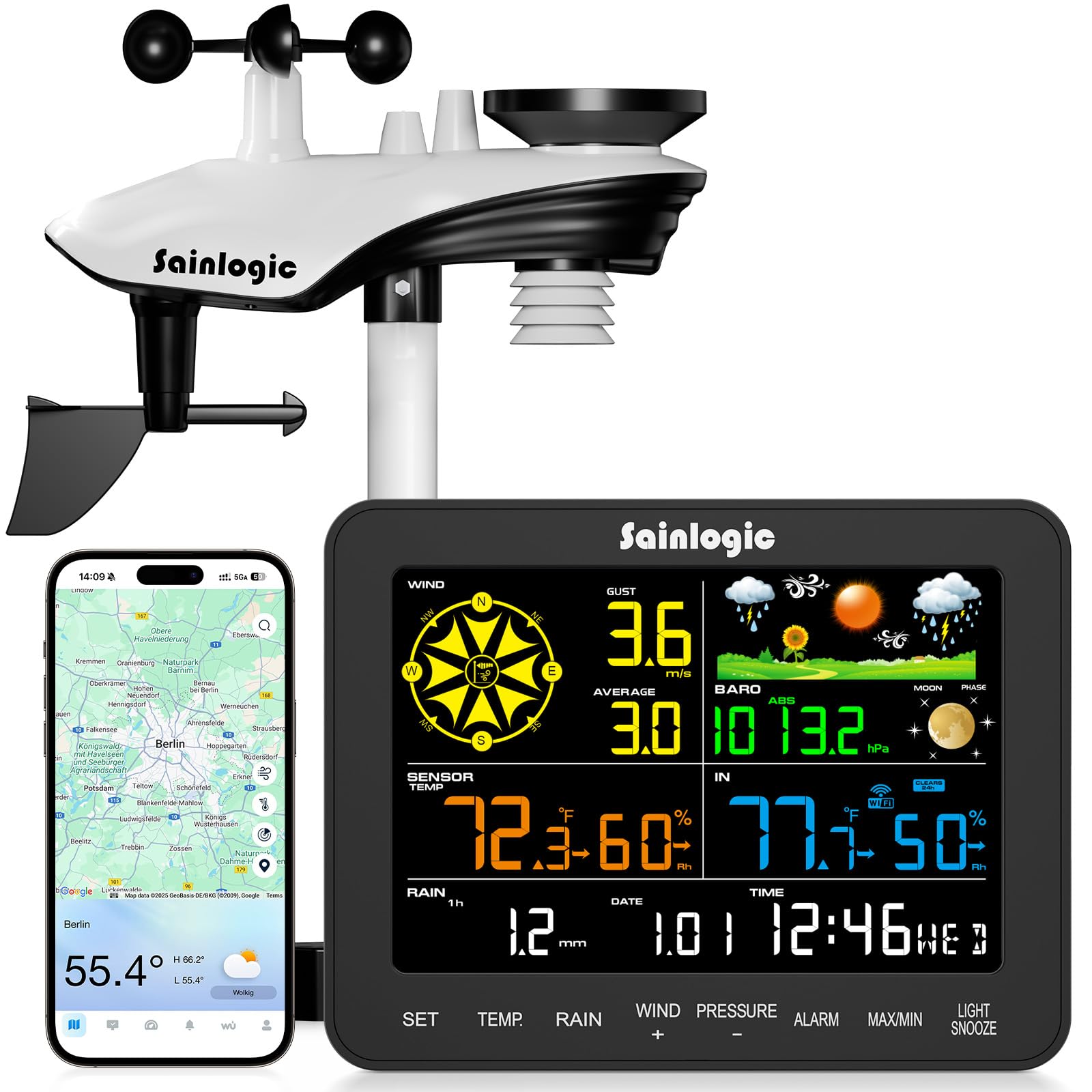 Sainlogic Smart Wetterstation WLAN SA6 Plus, 24/7 KI-Wettervorhersage von Weatherseed®, APP-Benachrichtigung, Wetterstation mit Regenmesser Digital und Windmesser,2-Jahres-Datenspeicherung(Nur 2.4GHz)