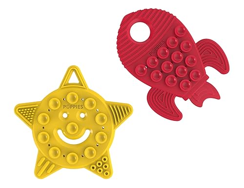 POPPIES Smiley The Star (Yellow) and RED The Rocket (Red) Bundle Silicone Sensory Toy BPA-Free Infant Teether, Sensory, Bath Toy with Suction