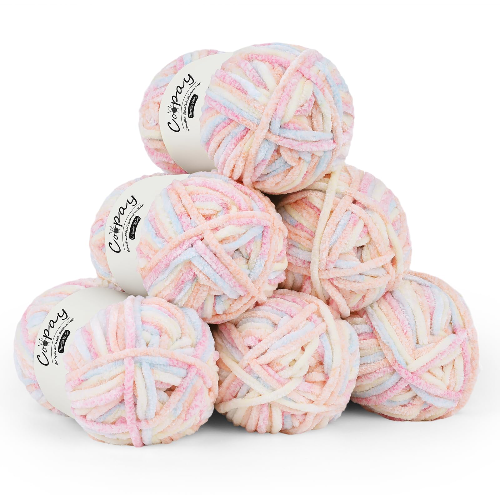 Coopay Chenille Wolle zum Häkeln, 6x100g Weiche Samtig Chenillegarn, Flauschige Dicke Wolle zum Stricken, Warme Plüschwolle Häkelgarn für Decken, Schals, Mützen - Blumen