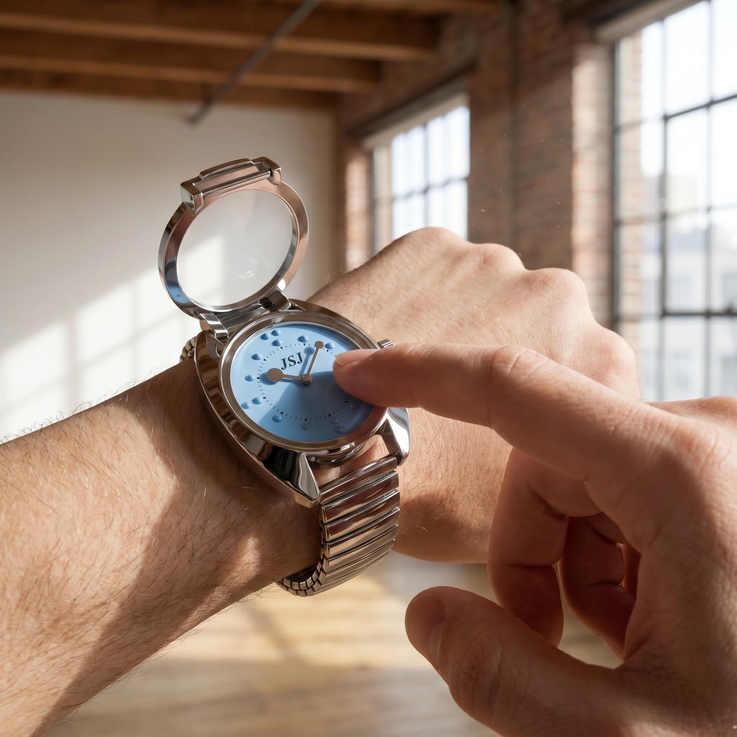 Reloj De Pulsera Braille para Invidentes o Personas Mayores Azul Dial, Banda Expandible Acero
