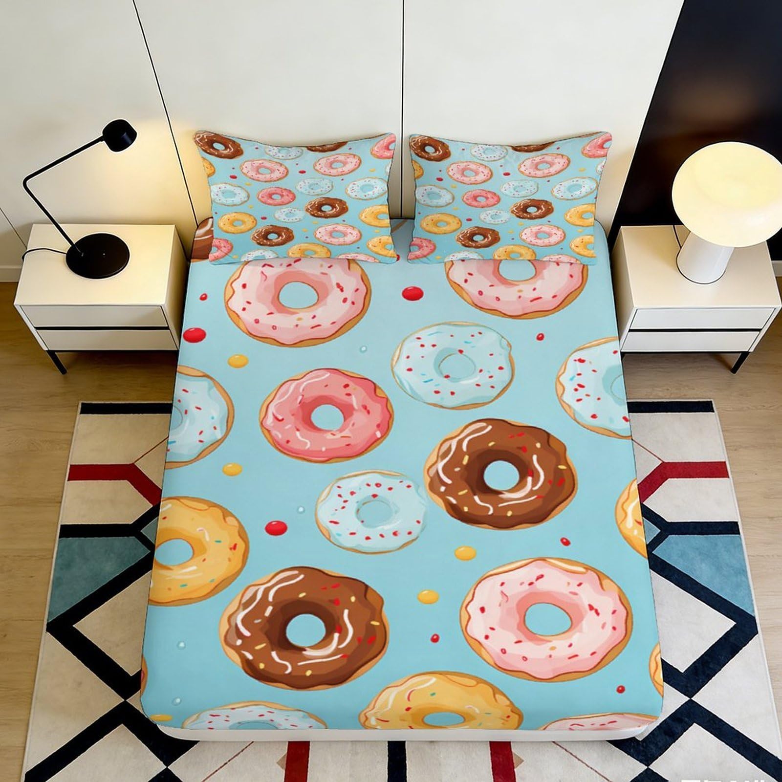 3D Printed Donut Pattern Fitted Sheet Microfiber Soft Colourful Dessert Bed Sheet for Bedroom Guest Room Decor 90x200x25cm