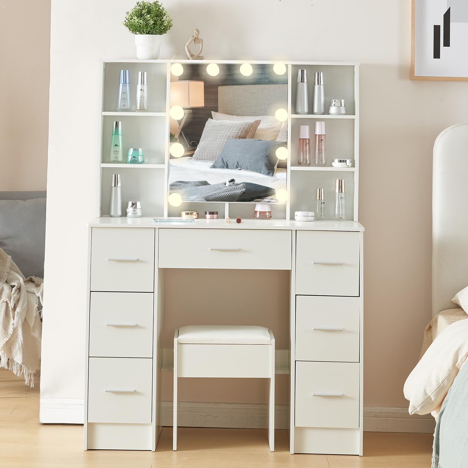 Toeletta con Sgabello e Luci LED, Luminosità Regolabile, Tavolo da Trucco con Specchio, Toeletta da Trucco con 7 Cassetti e 6 Ripiani, Moderno, Bianco, 40x100x140 cm