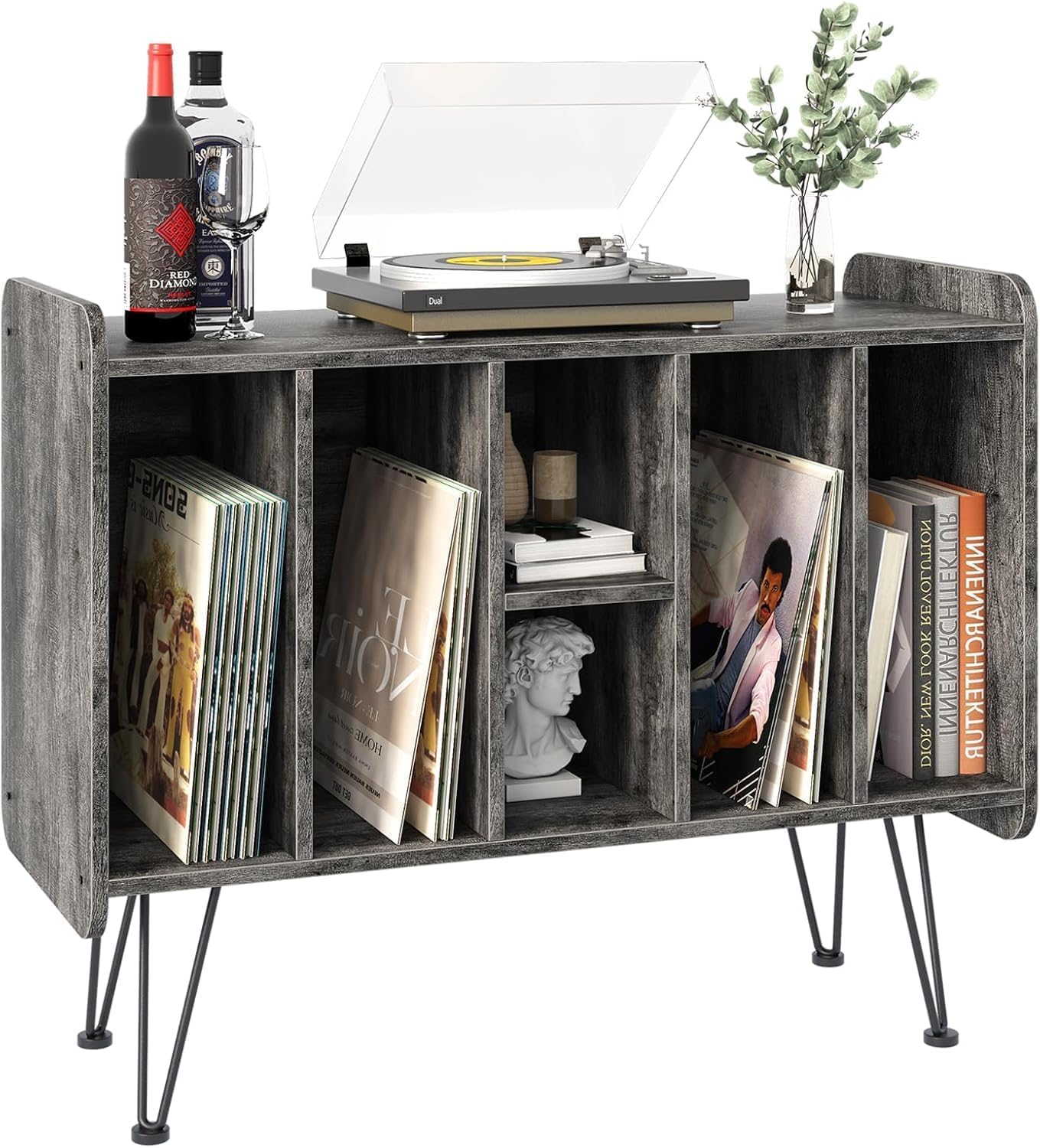 Supporto per giradischi in vinile, 2 ripiani, 5 cubi, può contenere fino a 250 album, mobiletto porta dischi in vinile per soggiorno, tavolino retrò e mobile porta LP (grigio)