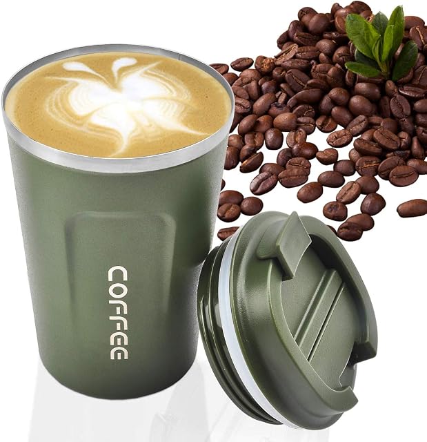 Coffee Cup, MOMSIV Vacuum Reusable Leakproof Double Wall Coffee Cup, Insulation Stainless Steel Eco-Friendly Travel Office Mug for Hot Coffee Tea and Cold Drinks (Green))