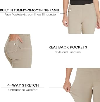 Slimsation Womens Pull-On Straight Capri Pants with Tummy Control Stretch Fabric Flat Front Faux Pockets & Back Pockets 21 Inseam Wrinkle Resistant