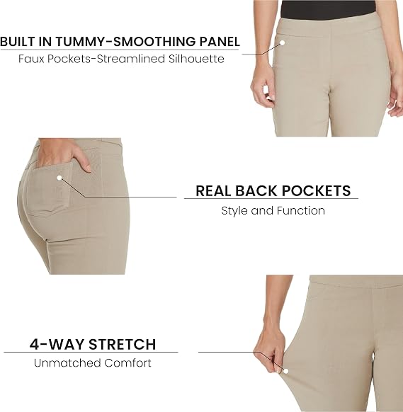 Slimsation Womens Pull-On Straight Capri Pants with Tummy Control Stretch Fabric Flat Front Faux Pockets & Back Pockets 21 Inseam Wrinkle Resistant