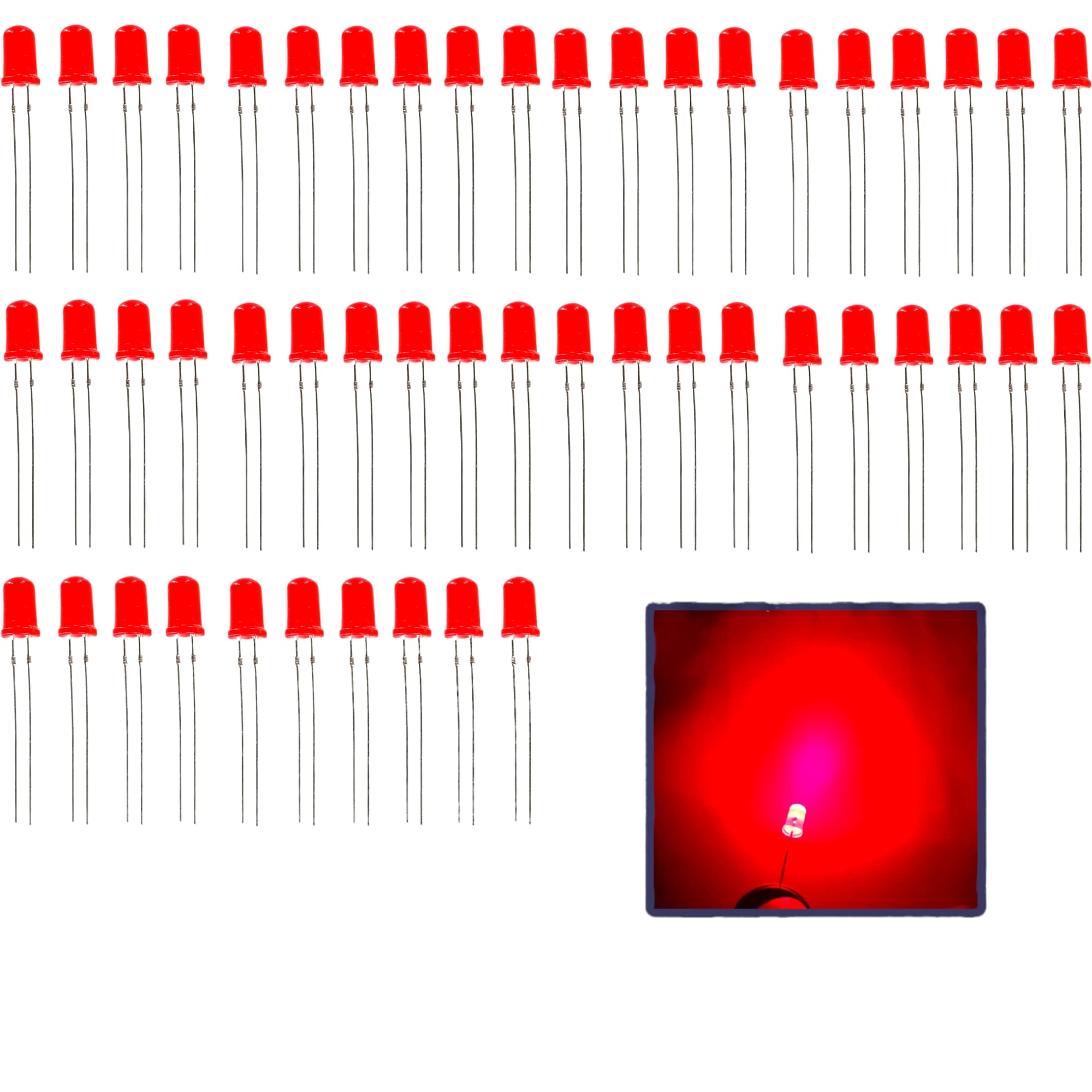 UNIVERSAL HUB Basic Pack of 50 Red LED 5mm Lights: Red-in-Red Light Emitting Diodes-image-30