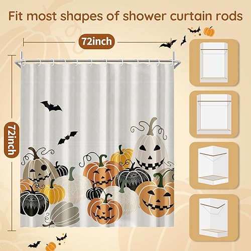 Miniatura 7 de Juego de cortinas de ducha de Halloween, estilo bohemio, diseño de calabaza, diseño de murciélagos, terror, divertidas, bonitas, cortinas de baño