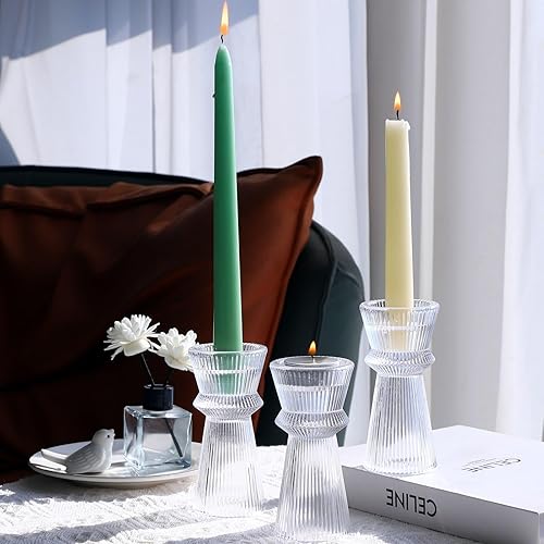 Miniatura 2 de VOHO Juego de 3 portavelas de cristal transparente y acanalado, estilo minimalista, para candelabros y velas, portavelas elegantes para despedidas