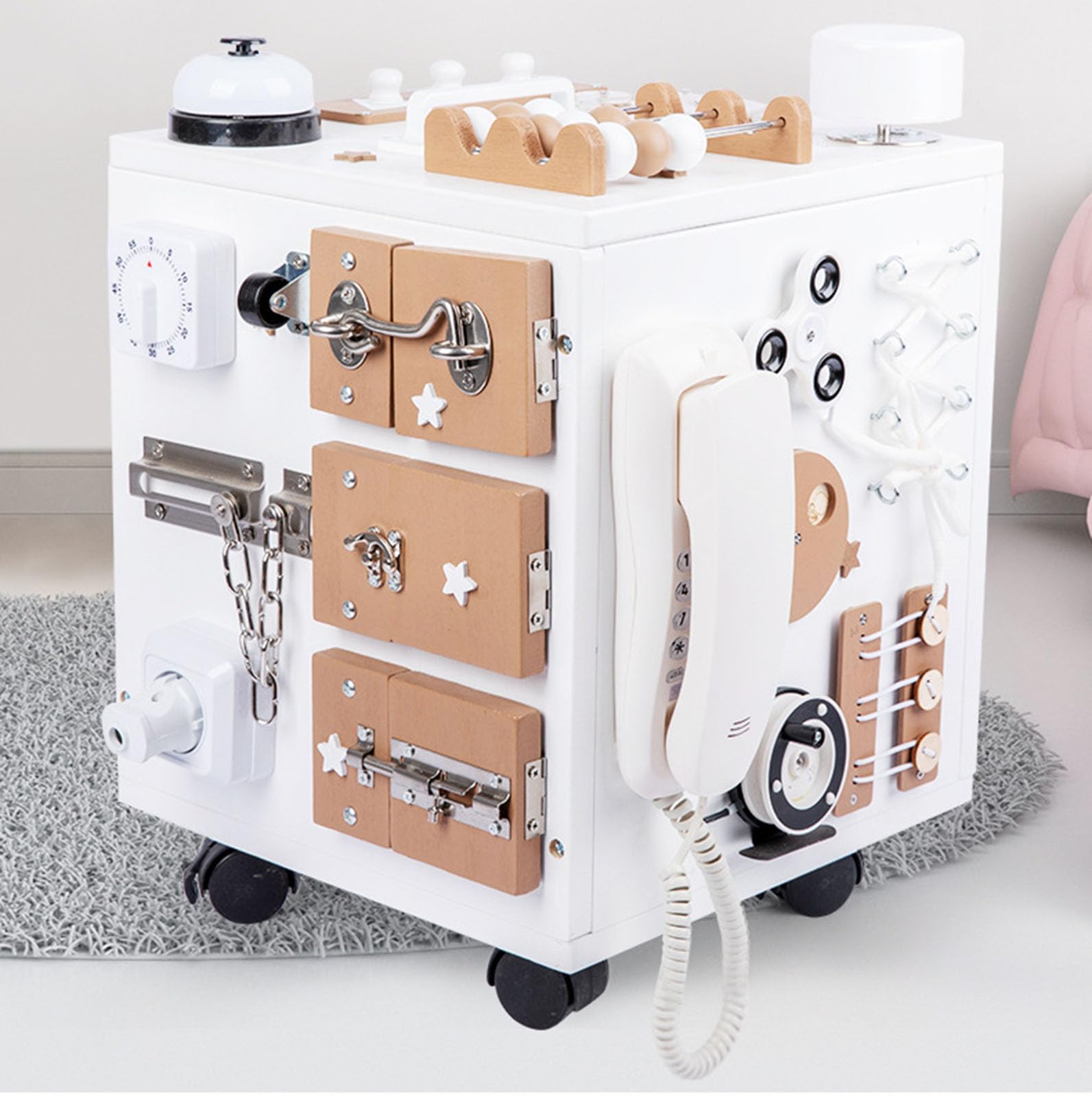 Drewniana tablica aktywności Montessori Busy Cube, sensoryczna zabawka dla maluchów, wielofunkcyjna skrzynka zajęć,White