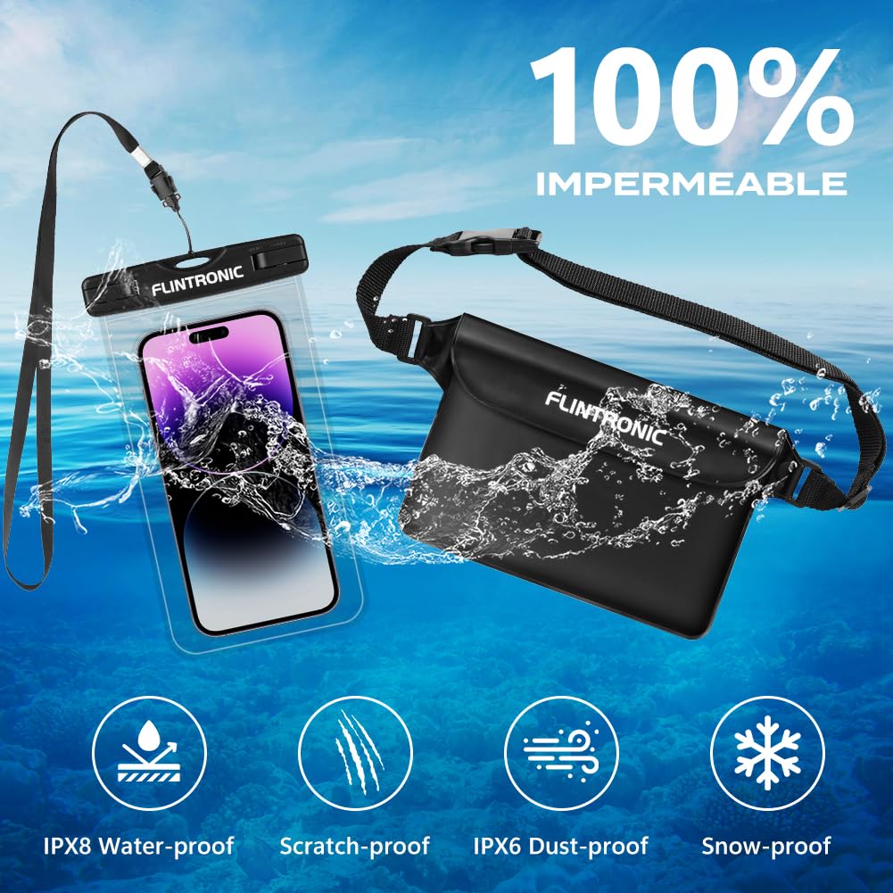 flintronic Wodoodporna torba z regulowanym paskiem na talię, IP68, przezroczysta, dotykowa, sucha torba na plażę, do pływania, wędkowania, pływania łodzią
