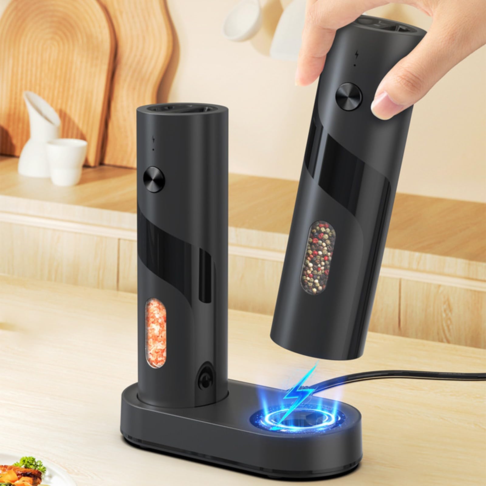 Set di macinini elettrici per sale e pepe, set di macina sale e pepe ricaricabile, elettrodomestici da cucina, macinino per alimenti, con dimensioni regolabili per condire la cucina