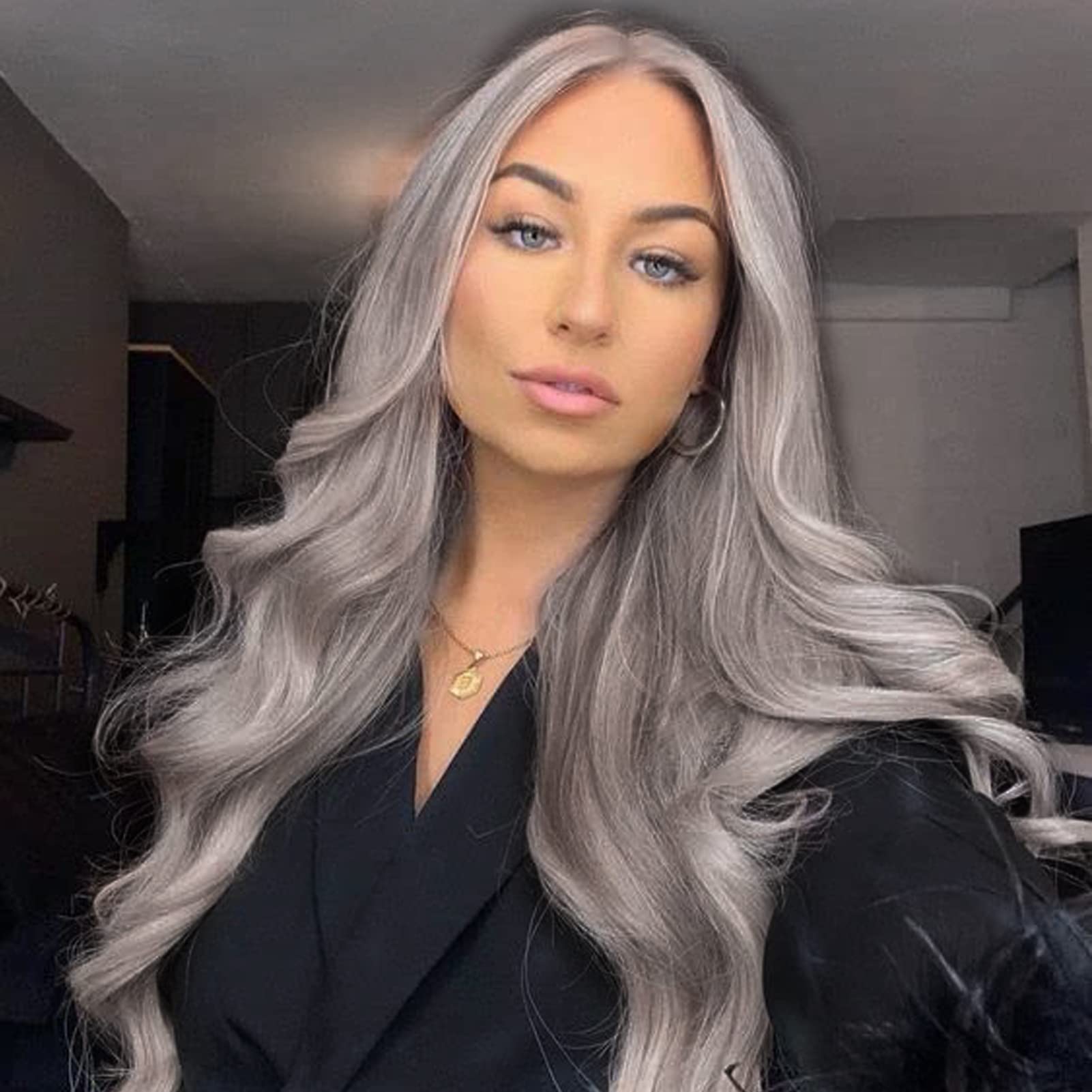 Silver Grey Wigs for Women Long Wavy Synthetic Lace Front Wig Gray Silver Real Hair Wig Handmade Glueless Front Lace Wig Natural Hairline Heat Resistant Hair Drag Cosplay Daily 24 Inches Wigs