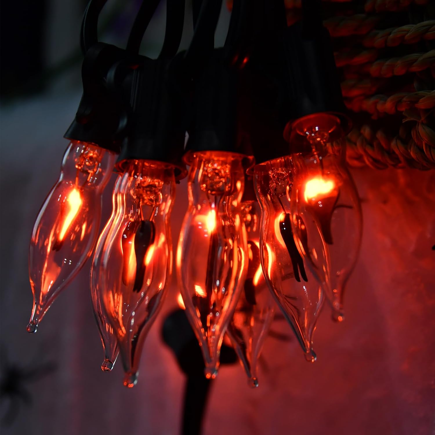 Halloween Orange Flickering Flame String Lights - 27.8 Ft, 25 C7 Bulbs, UL Listed & Waterproof, Perfect for Outdoor Halloween Decorations, Haunted House, Fall & Party Decor
