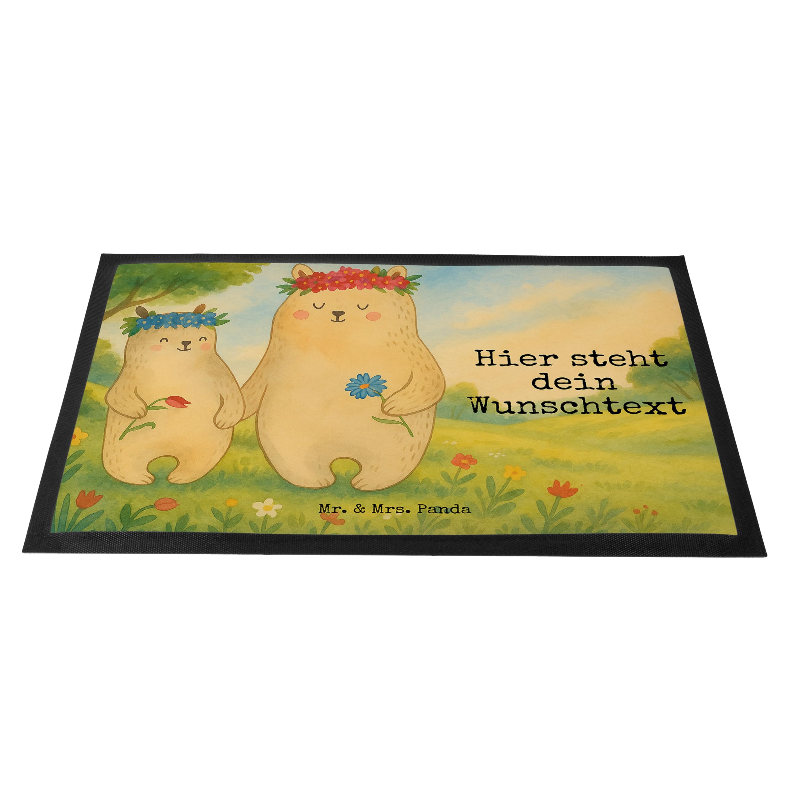 Mr. & Mrs. Panda Fussmatte selbst gestalten Bären mit Blumenkranz Design 80 x 120 cm - Geschenk, Personalisierte, Individuelle, Familie, Muttertag, Tochter, personalisiert, Fußmatte personalisierbar