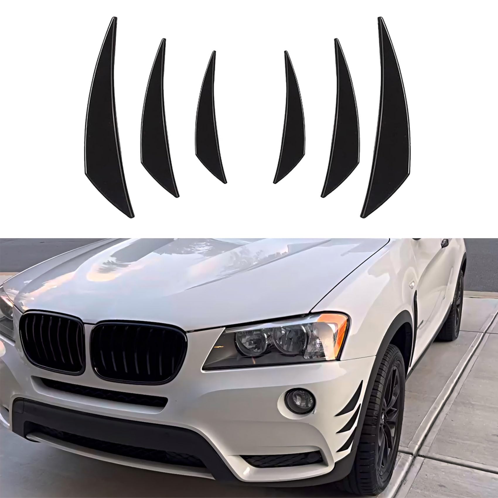 6PCS Car Spoiler Canards Kit, Universal Auto Front Bumper Lip Splitter, Fender Side Vents Stickers Soft Fins Spoiler Kit, Car Exterior Decor Accessories Body Anti-Collision Diffuser (Bright Black)