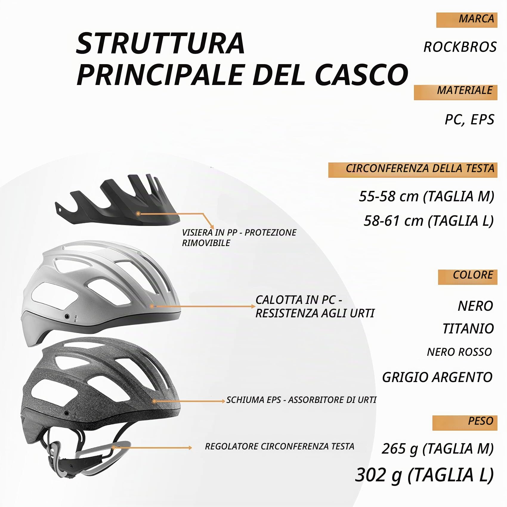 ROCKBROS Casco Bici con Visiera Staccabile Uomo Donna, Casco da Ciclismo per MTB Bicicletta, Leggero Traspirante, Protezione Certificato CE, Taglia Regolabile M(55-58cm)/L(58-61cm)
