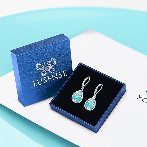 Miniatura 5 de Eusense Aretes colgantes de piedra lunar turquesa con piedra natal para mujer, plata de ley con forma de pera, árbol de la vida, animales, joyería