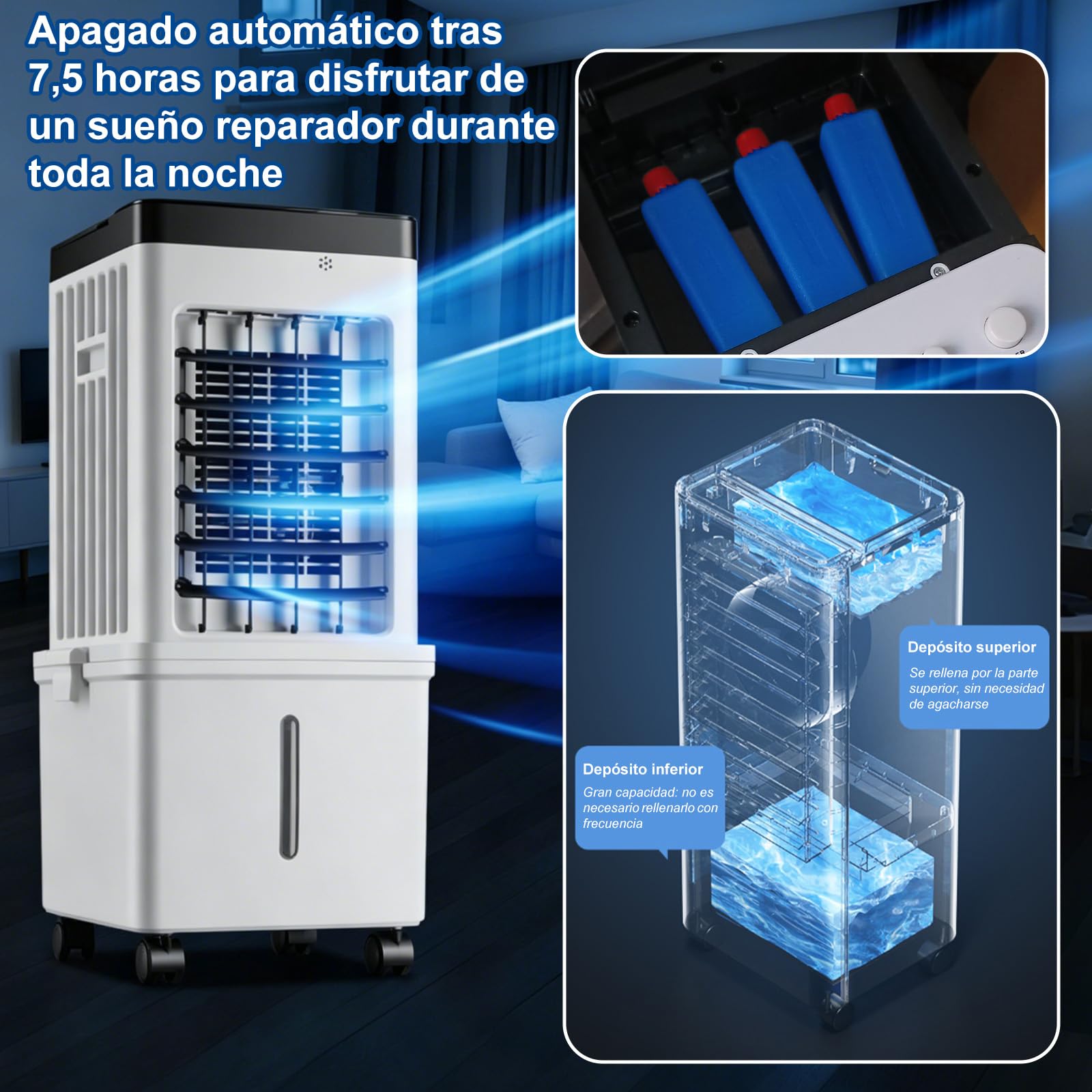 Aire Acondicionado Móvil Mecánico, 75W Bajo Consumo, 3 Velocidades | Climatizador Evaporativo Portátil de 10L con Cristales de Hielo,Oscilación de Gran Ángulo, Ruedas para Hogar Oficina