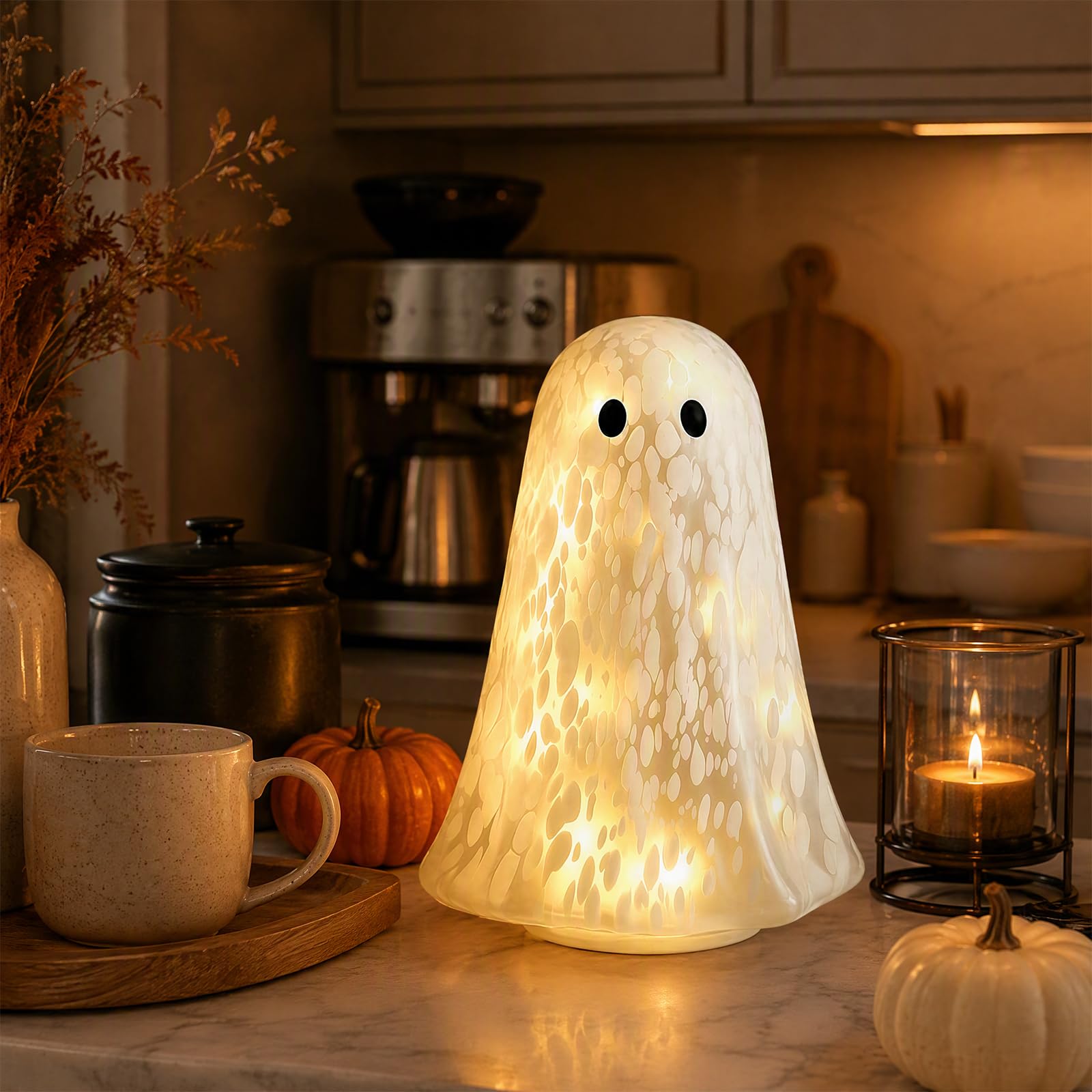 Halloween Confetti Glass Ghost Table Light con Luce per Casa,Party Decor da