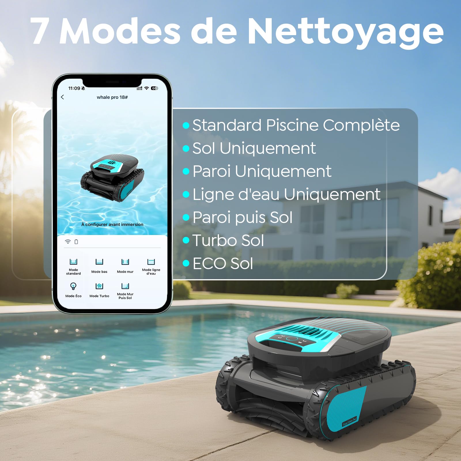 Pleco Pro Robot de Piscine sans Fil, Robot Piscine Fond et Parois, Autonomie 210 Min, Double Filtration, 7 Modes, Contrôle Via App, Aspirateur pour piscines Jusqu’à 200㎡, Graphite
