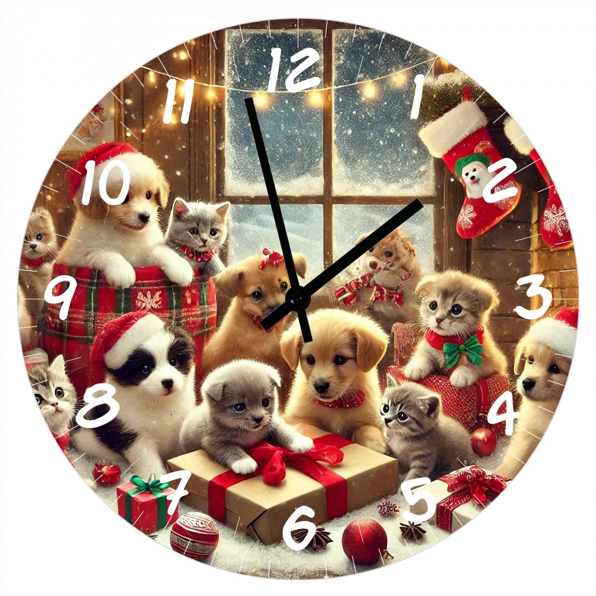Horloge en verre chiots et chatons de Noël pour habiller le salon pendant les fêtes