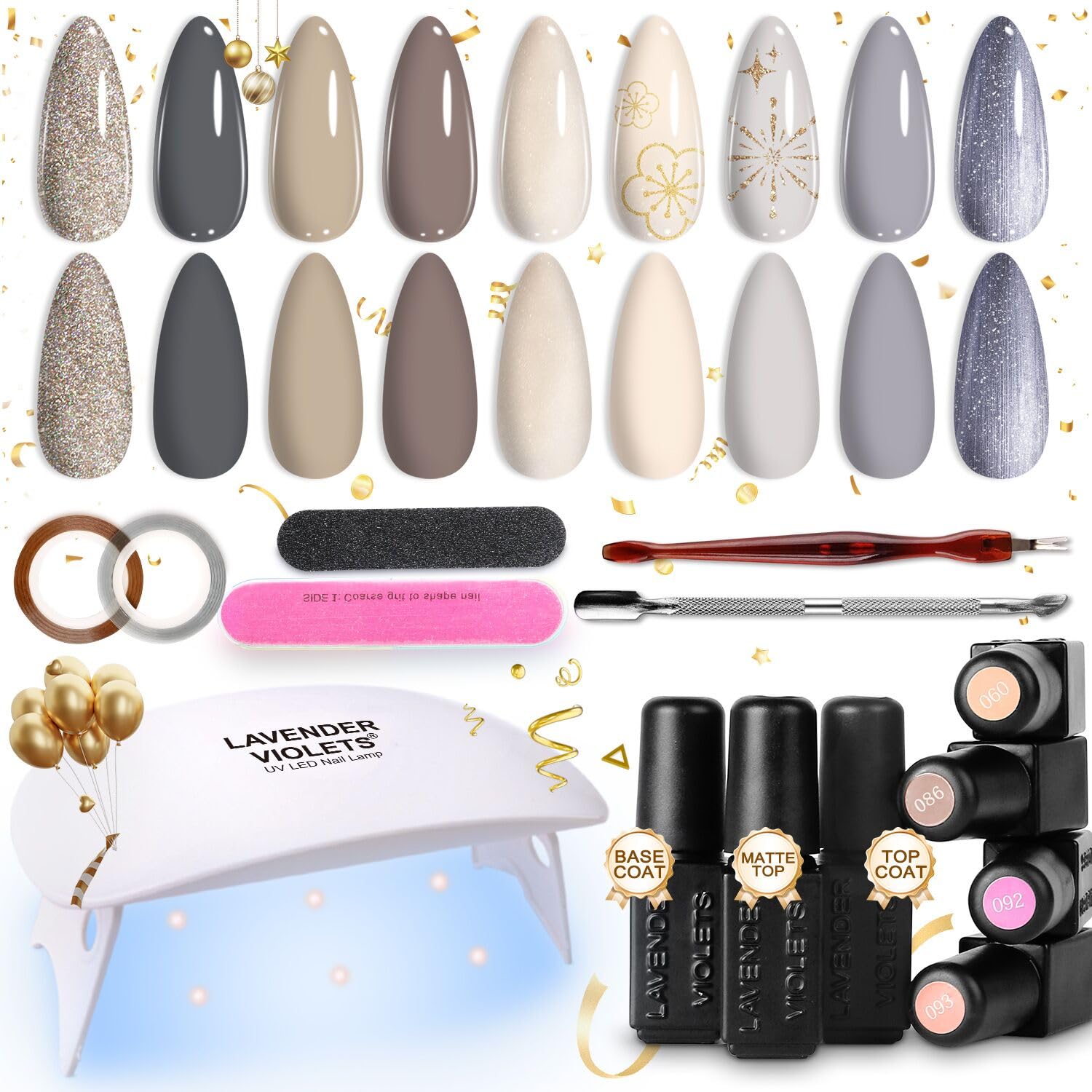 Lavender Violets 9 Colors Gel Nail Polish Kit with UV Light Soak Off UV/LED Starter Manicure Set White Gray Series for Professional Salon Nail Art R650