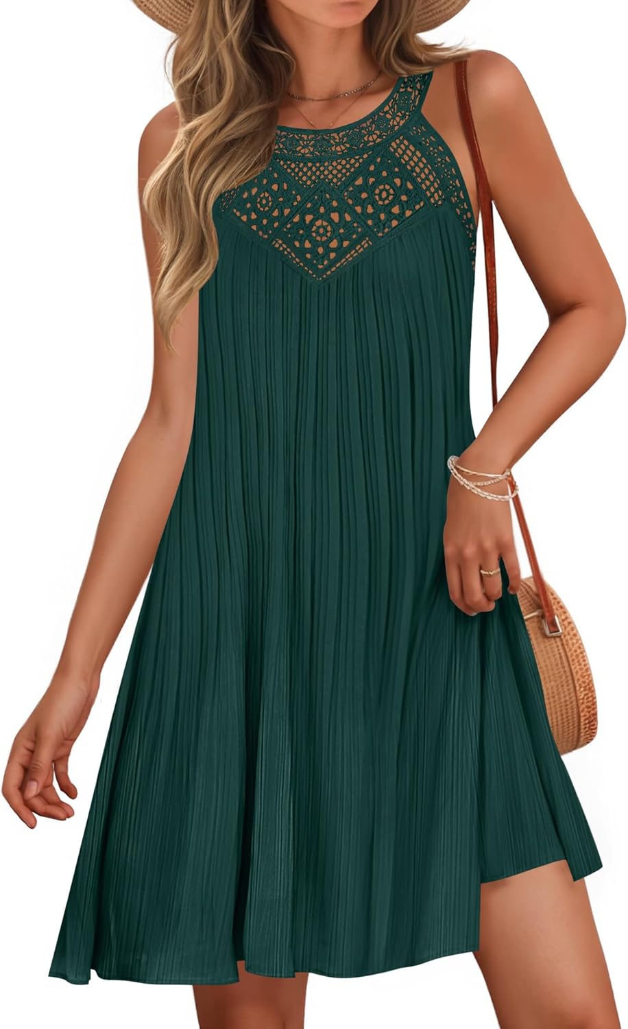 ZESICA Women's 2025 Summer Halter Chiffon Mini Dresses Sleeveless Hollow Out A Line Flowy Ruffle Beach Vacation Sundress