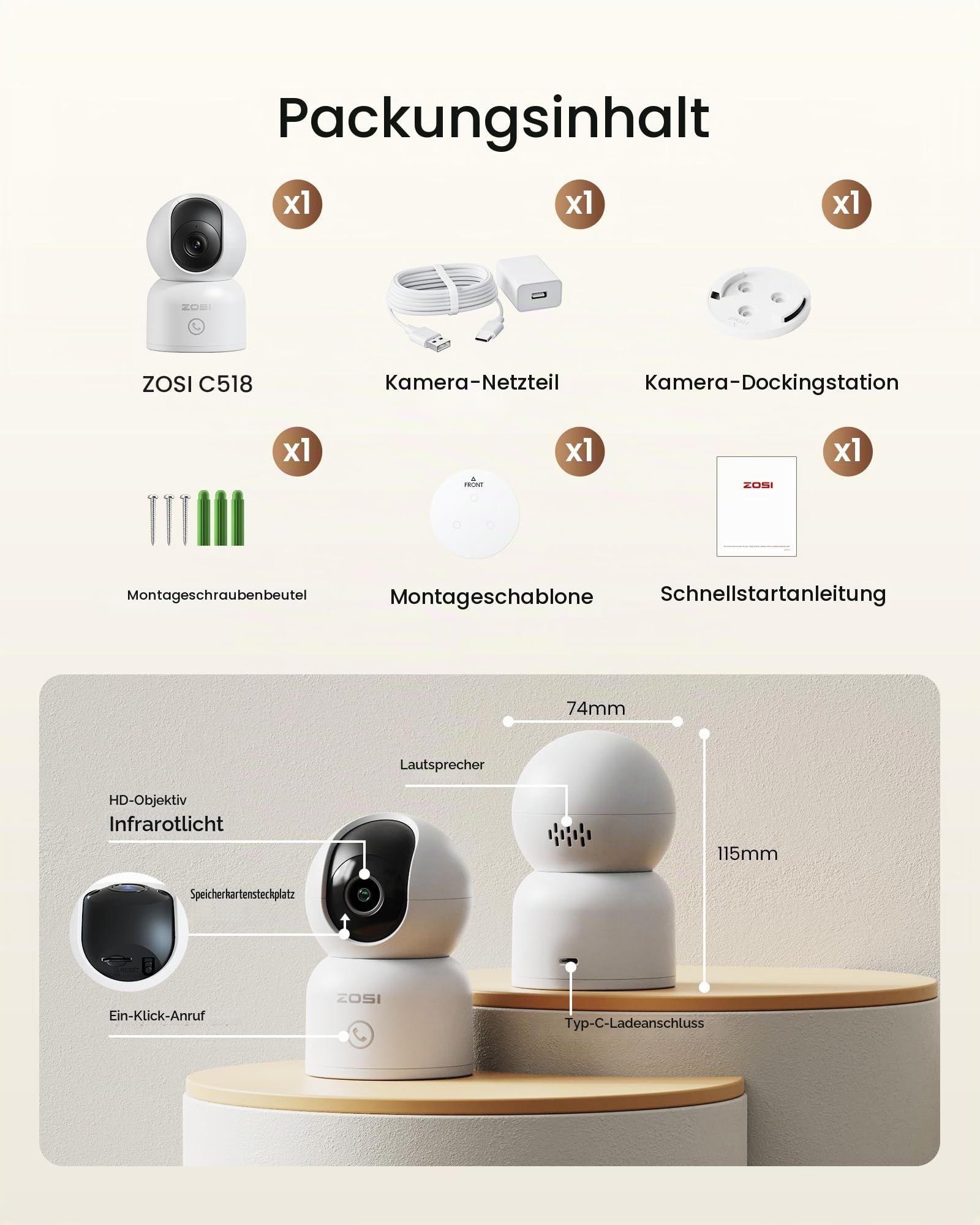 ZOSI 4K Überwachungskamera Innen WLAN mit 64GB Karte, 2,4/5G WiFi