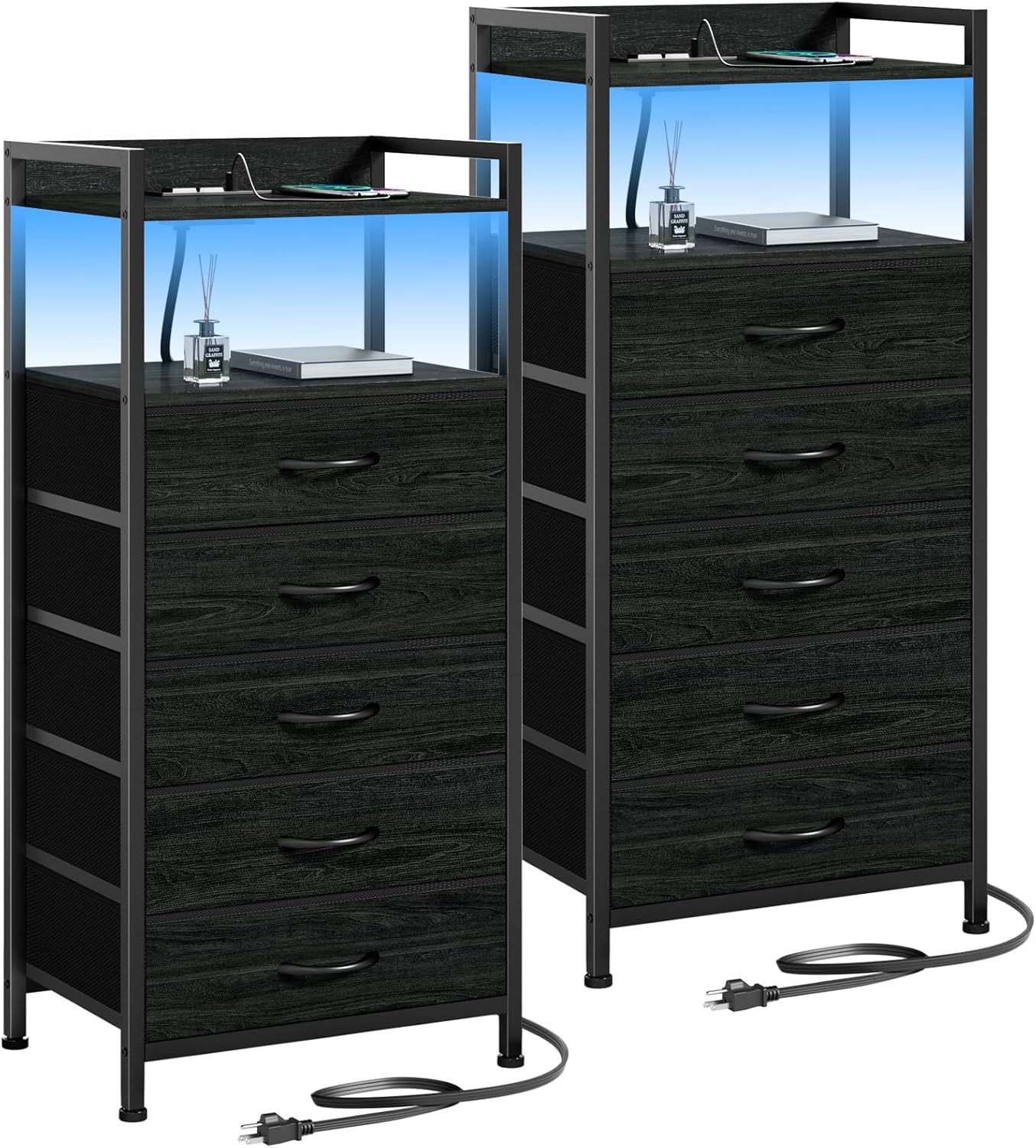 Furnulem Black Nightstand with 5 Drawers Set of 2, Tall Black Dresser for Bedroom with Led Light and Charging Station, Bed Side Table for Living Room, Fabric Storage Bins, Metal Frame, Wood Furniture Black Oak