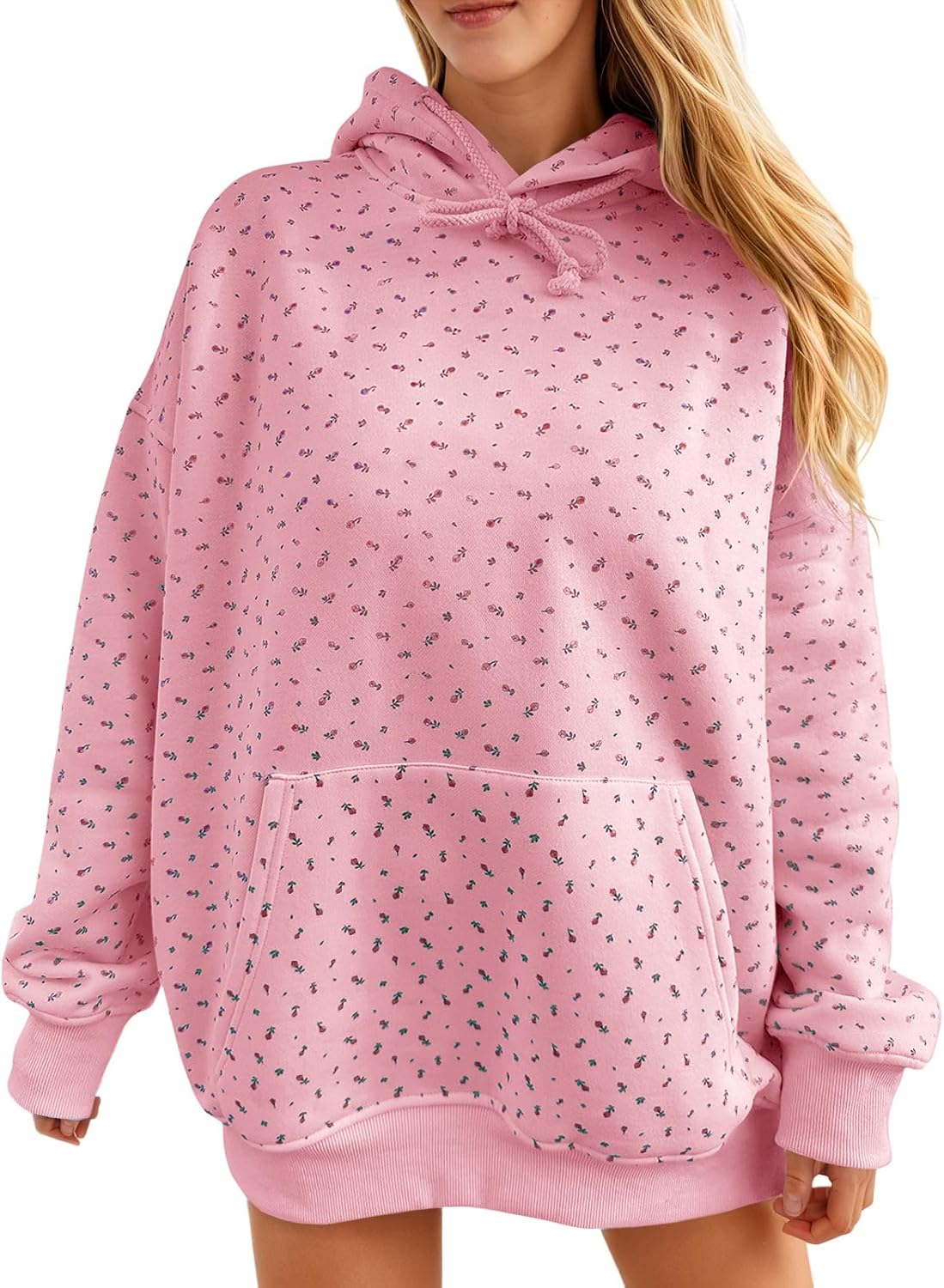 Fisoew Womens Hoodies Oversized Floral Sweatshirts Casual Long Sleeve Pullover Loose Fit Drawstring Hooded Tops
