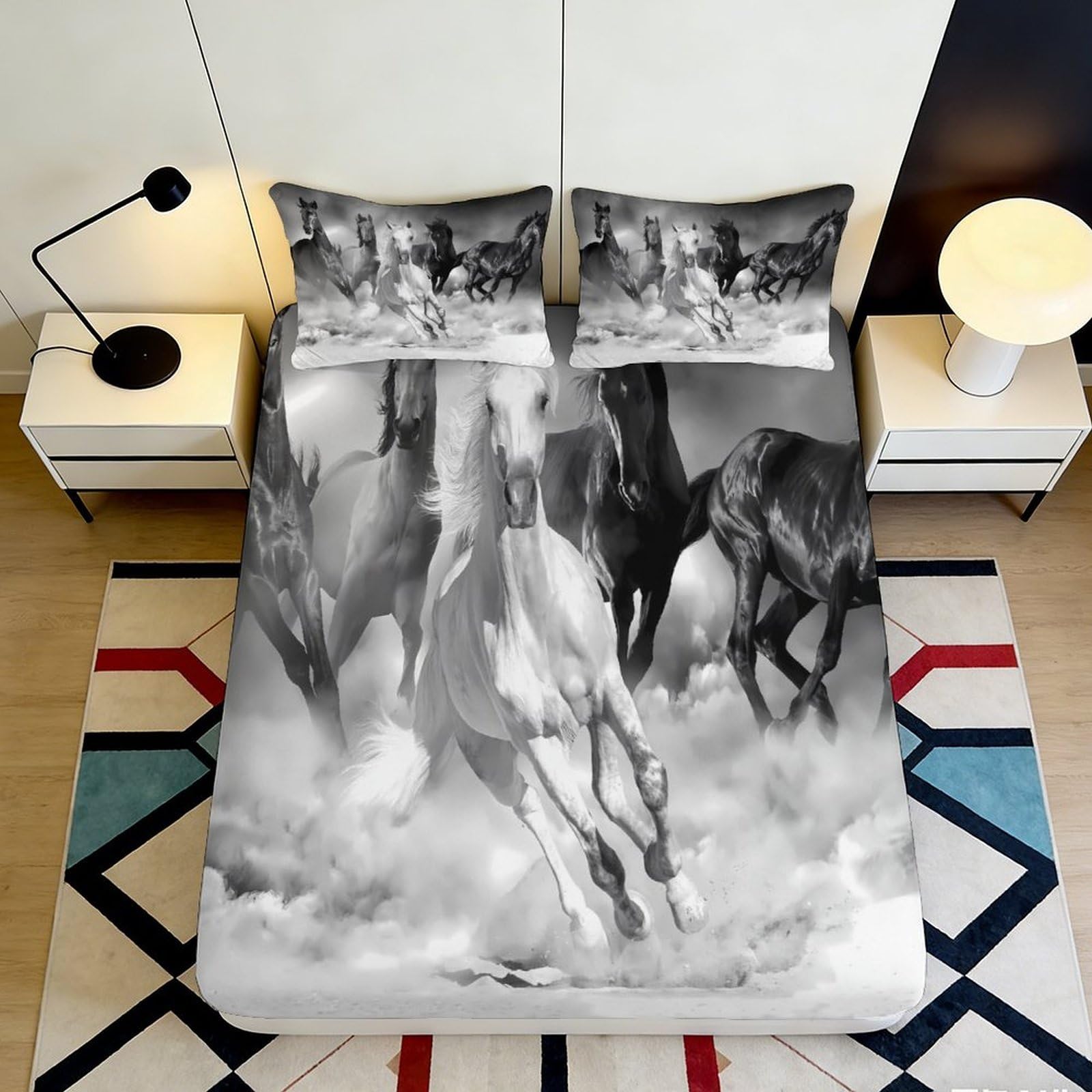 3D Printed Horse Pattern Fitted Sheet Microfiber Deep Pocket Elastic Hem Bedroom Bedding Horse Mattress Fitted Cover Washable 140x200x25cm